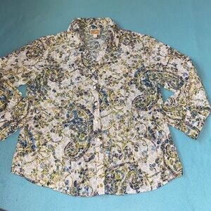 JM COLLECTION floral paisley button up long sleeve split cuff blue green size 12